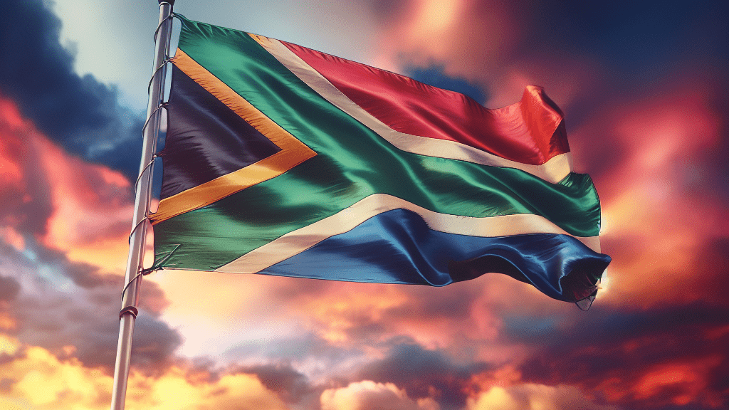 Flagge Südafrika im Wind vor dem Horizont